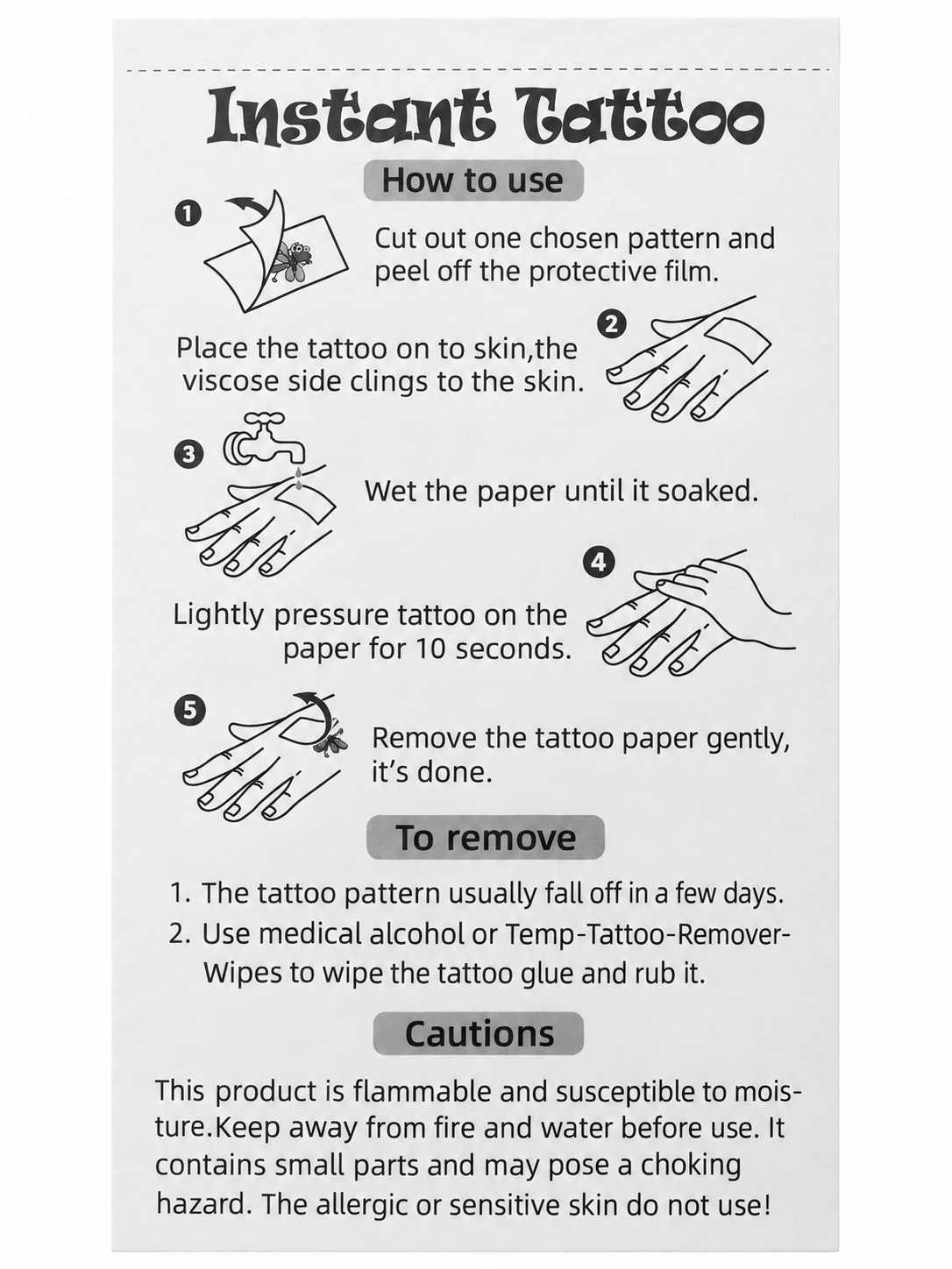 Original temporary tattoo packaging instructions showing application, removal and cautions