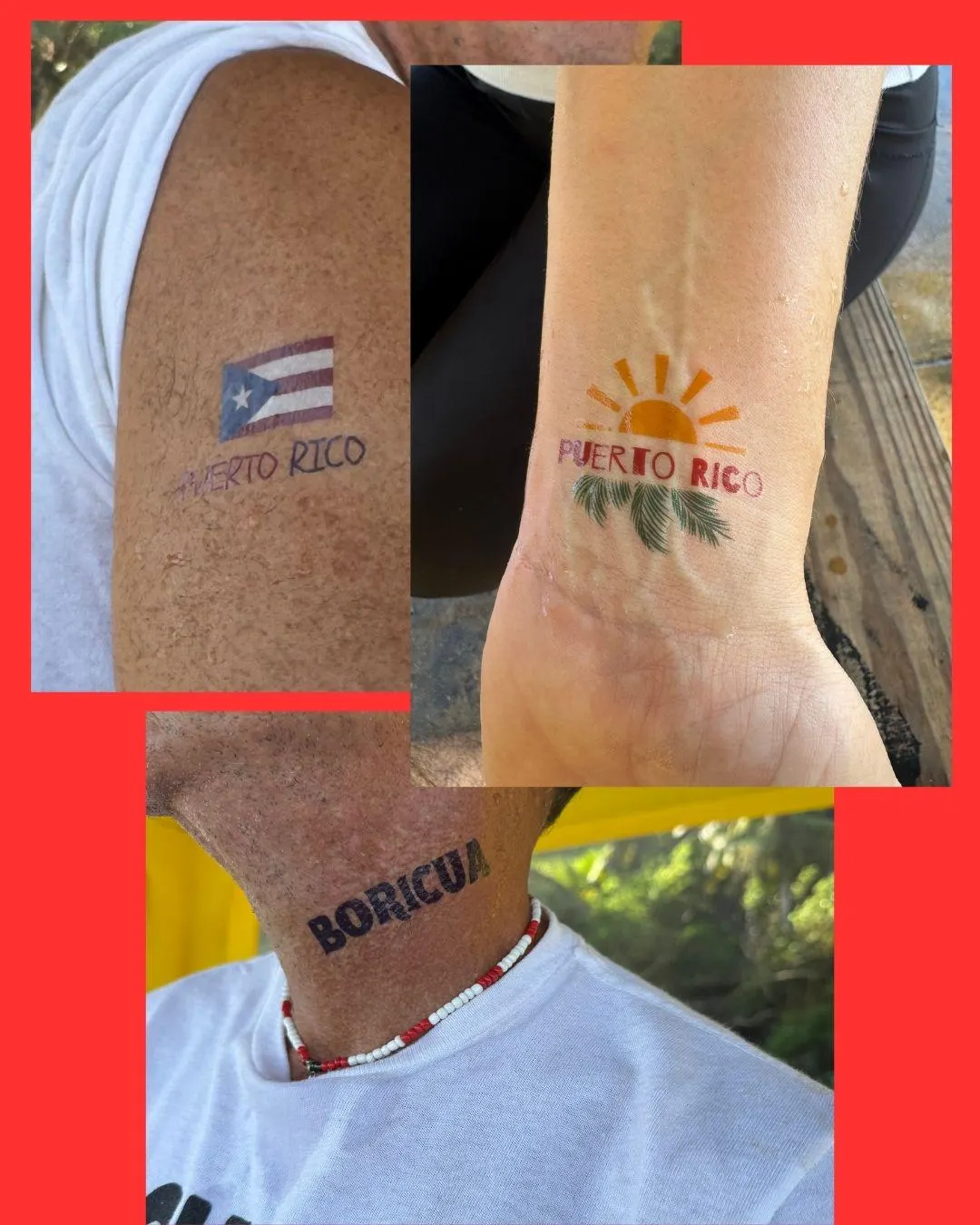 Real Caparra Arts temporary tattoos on skin: Puerto Rico flag, sun and BORICUA