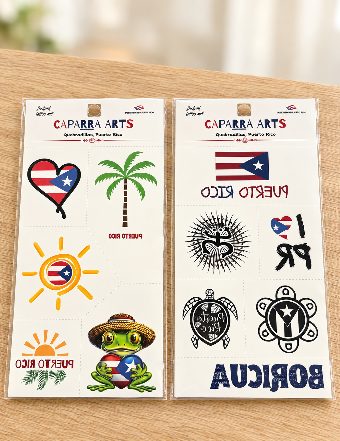 Tropical Puerto Rico and Boricua Pride sheets in their Caparra Arts packaging