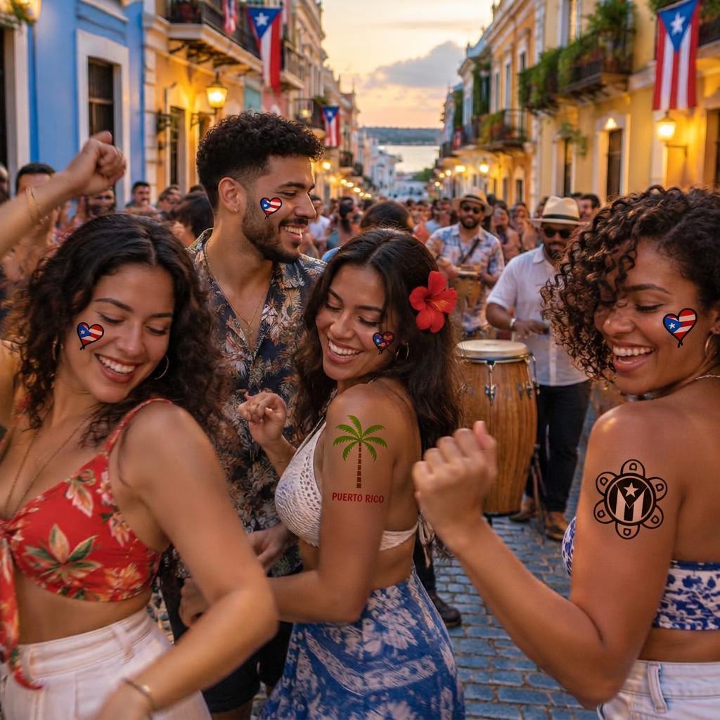 Friends with temporary tattoos at a festival in Old San Juan
