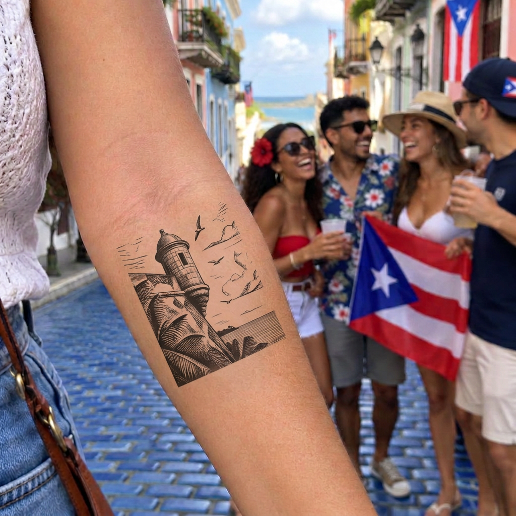 Friends having fun in Old San Juan wearing temporary tattoos