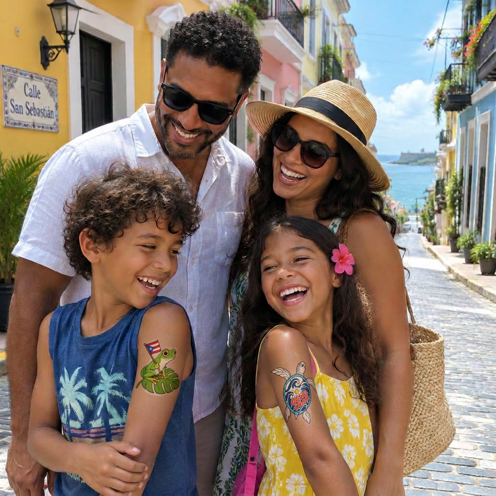 Friends having fun in Old San Juan wearing temporary tattoos