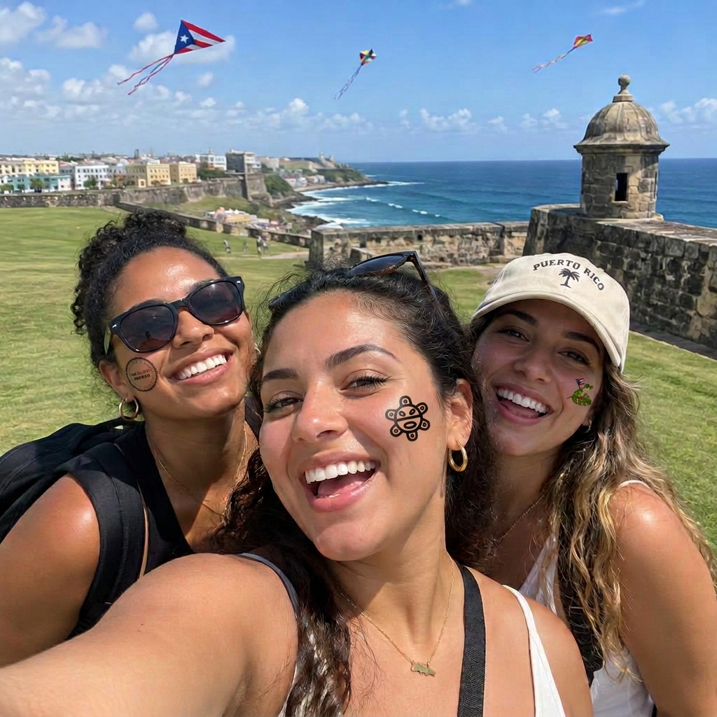 Friends having fun in Old San Juan wearing temporary tattoos