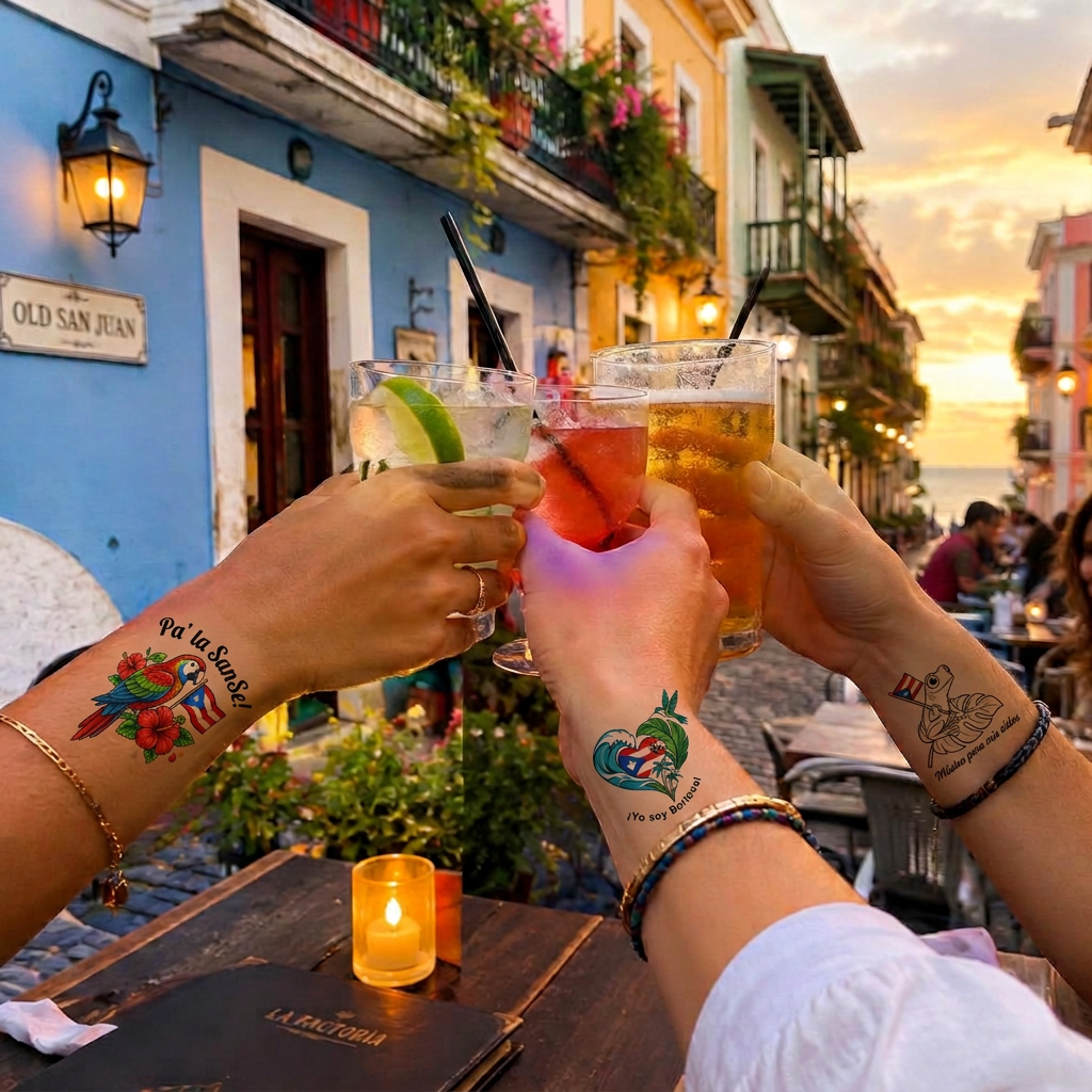 Friends having fun in Old San Juan wearing temporary tattoos