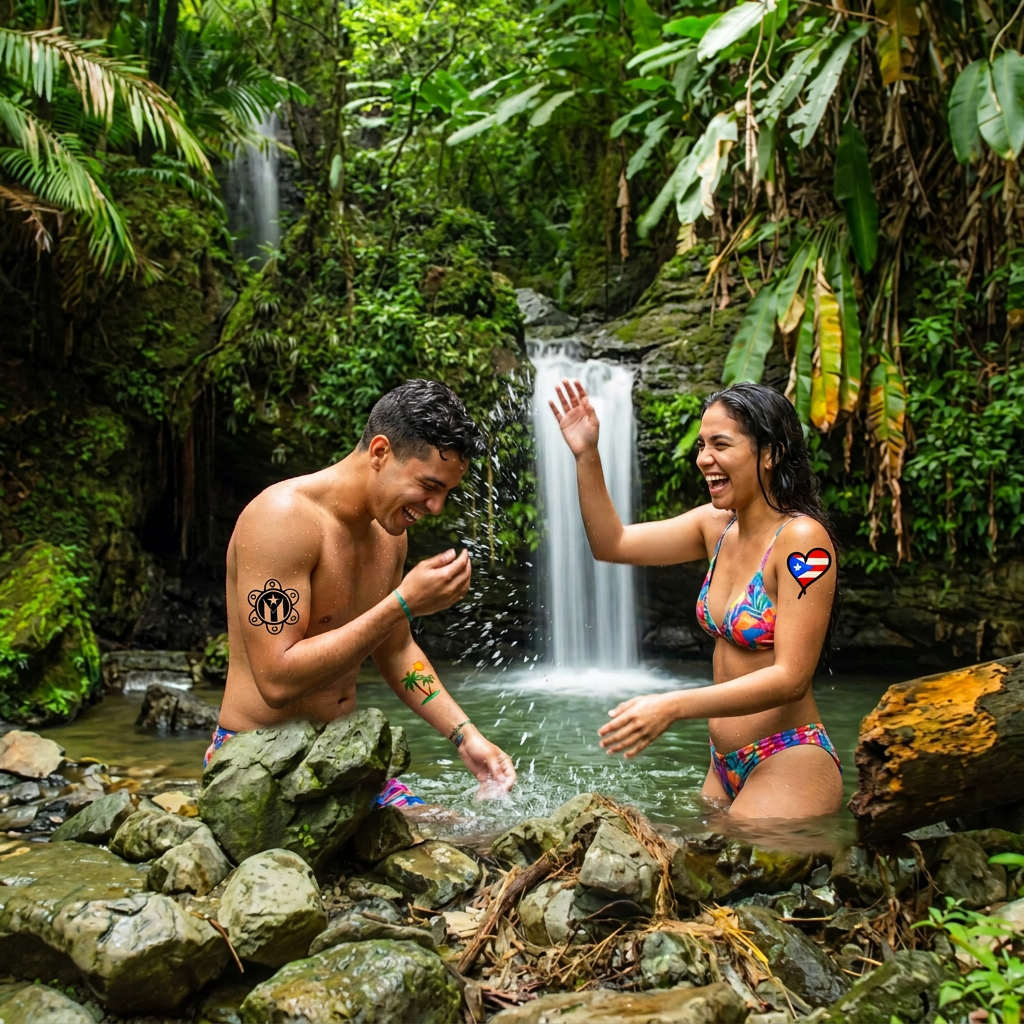 Couple with temporary tattoos enjoying a waterfall in Puerto Rico